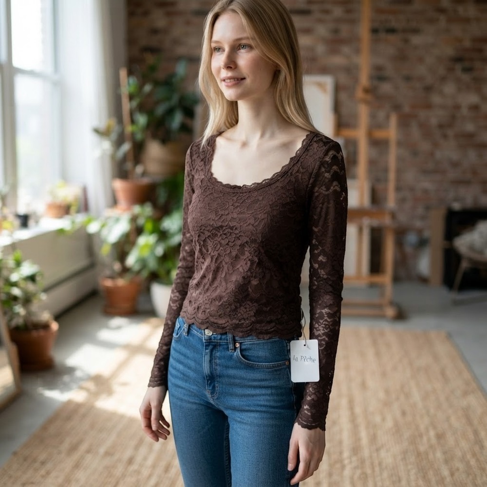 La Peche Lace Top Women Long Sleeve Floral Scalloped Brown L